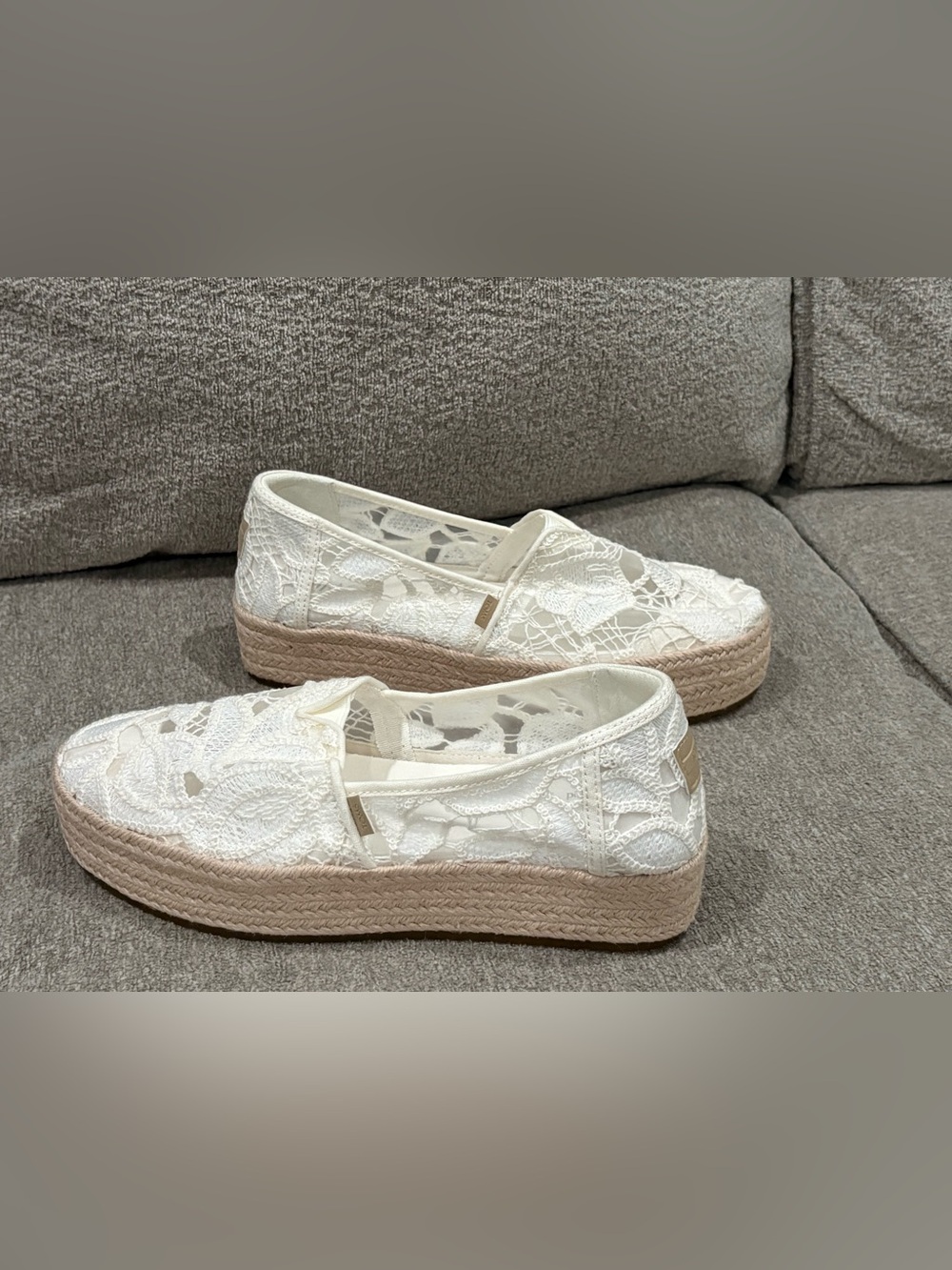 Toms White Lace Espadrille Platform Slip-Ons White Floral Crochet